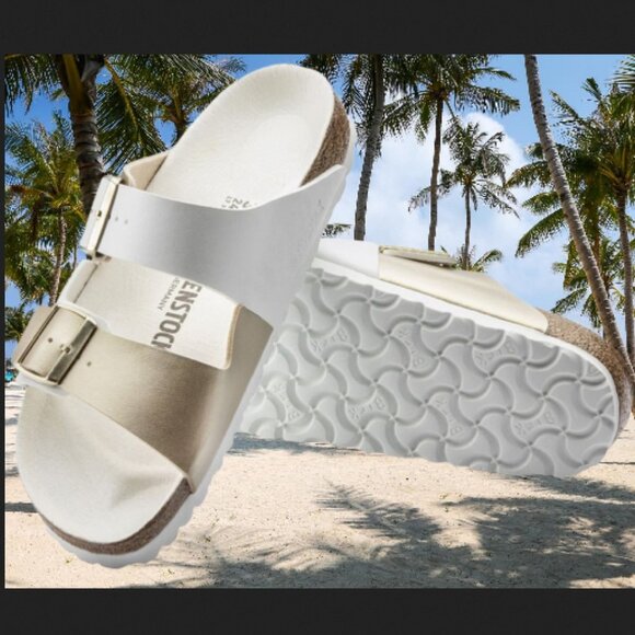 Birkenstock Arizona Birko-Flor White/Gold Two-Strap Sandals US Women 9 EU 40 NEW - Picture 2 of 2